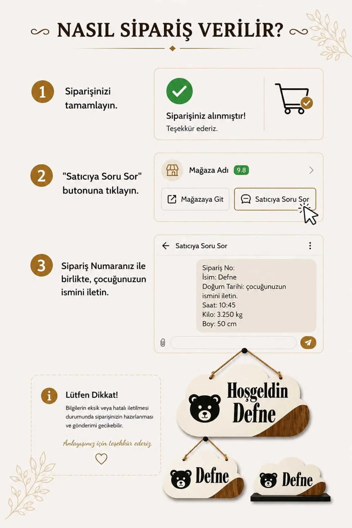 İsme Özel Lazer Kesim Ahşap Bebek İsimliği 3'lü Dekor Seti Ayıcık Figürlü Duvar Panosu, Beşik Süsü Ve Şifonyer Standı