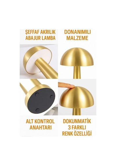 Rigour Mantar Masa Lambası Dokunmatik 3 Renkli Ayarlanabilir Şarjlı 3 Renkli Ayarlanabilir Gold Dekor Lambası