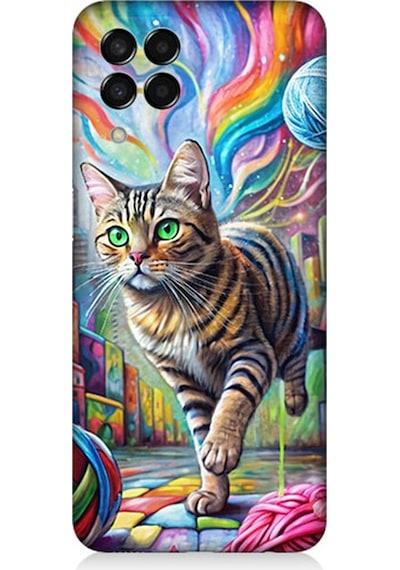 Samsung Galaxy M33 Uyumlu Renkli Yumaklar Ve Kedi Desenli Silikon Kılıf