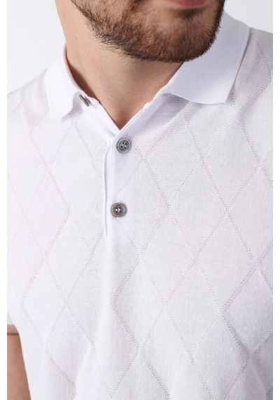 Ferraro Beyaz Polo Yaka Baklava Desen Erkek Pamuk Triko T-Shirt-Beyaz
