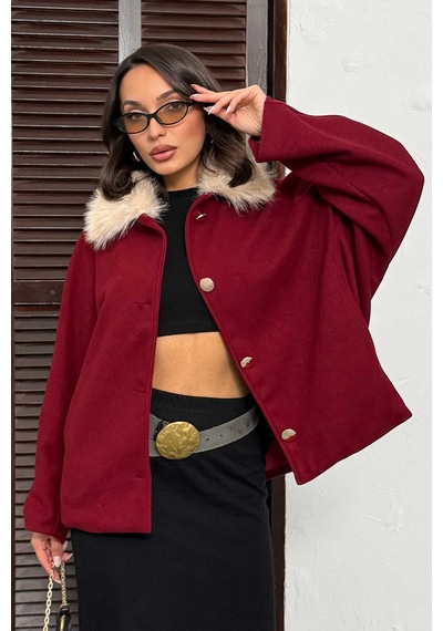 Verymoda Peluş Yakalı Dügmeli Kaşe Mont F2048 Bordo