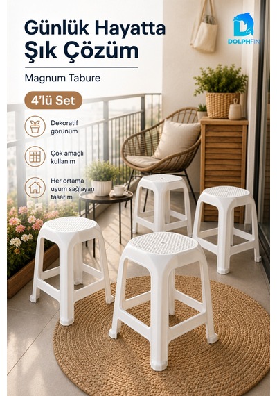 Magnum 4 Lü Plastik Tabure Seti 45 Cm Dayanıklı Kompakt Beyaz
