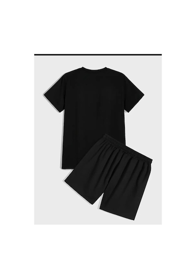 Medinenur Zar Baskılı T-shirt Short Bol Paça Rahat Kalıp Siyah Alt Siyah Üst Short Takım Siyah