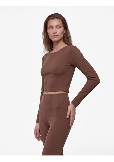 Koton Slim Fit Uzun Kollu Bisiklet Yaka Crop Spor Tişört Kahverengi 7wak10091nk Kahve
