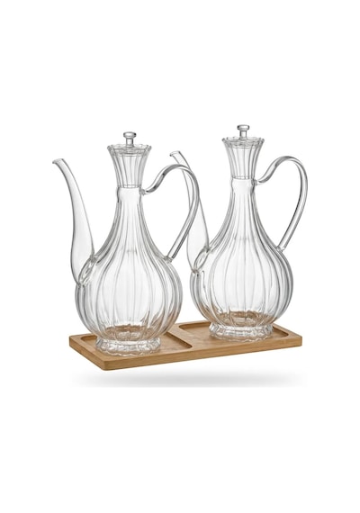 2li Cam Yağdanlık 750ml+750 Ml Glory Çizgili Bambu Stantlı Borosilikat Sirkelik El Üretimi Yağ, Sirke Ve Sos Şişesi Ç Şeffaf