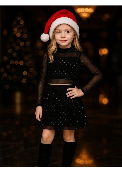 Zekids Kız Çocuk Taşlı İşlemeli Tül Bluz Etekli Takım-16407 Siyah