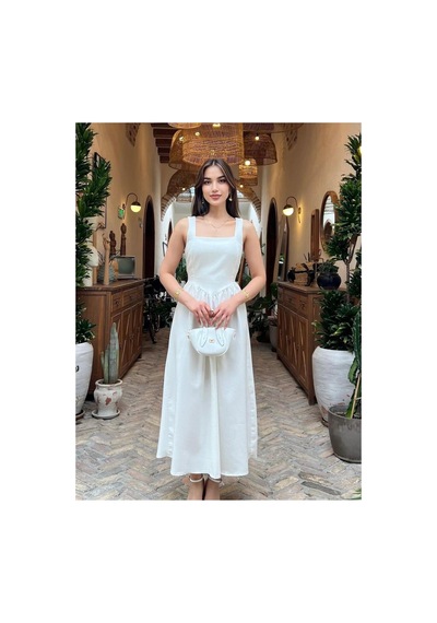 Moda Banuş Ekru Taş Baskılı A Kesim Bağcıklı Elbise-dar Kalıp Beyaz