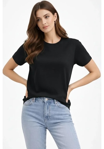 İkales Bisiklet Yaka Tişört Regular Kalıp Basic Pamuklu Günlük Kullanım T-shirt - Siyah