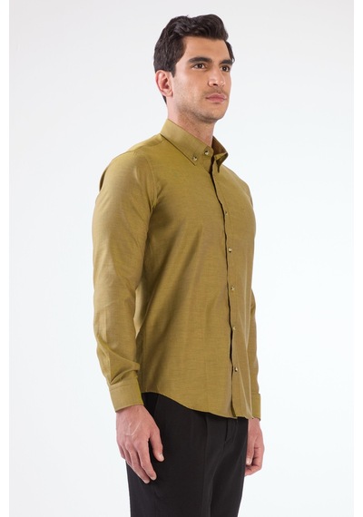 Dufy Koyu Sarı Erkek Slim Fit Düz Brent Düğmeli Yaka Uzun Kol Gömlek - 102489 Koyu Sarı