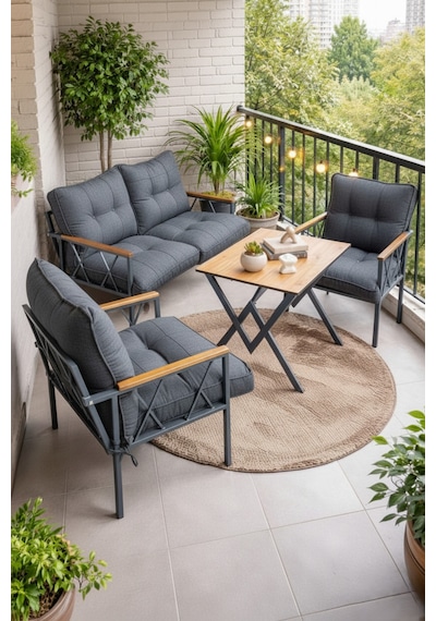 Ard & Garden Miray 211 Masalı Antrasit Fermuarlı Bahçe Balkon Takımı, Salon, Teras- Berjer Düğmeli Metal Çay Seti Antrasit