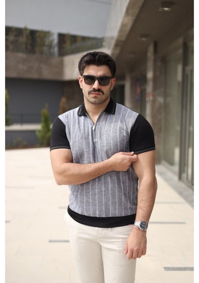 Butik İstanbul Erkek Polo Yaka Fermuar Detaylı Çizgili Tişört Siyah