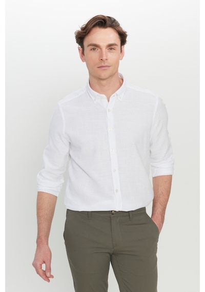 AC&Co / Altınyıldız Classics Erkek Beyaz %100 Pamuk Flamlı Slim Fit Dar Kesim Düğmeli Yaka Armürlü Gömlek Beyaz
