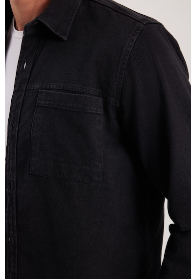 Tudors Regular Fit Rahat Kesim Cepli Denim Düğmeli Yaka Siyah Kot Gömlek-34849 Siyah