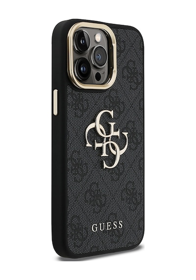Apple iPhone 14 Pro Max Uyumlu Kılıf Guess Lisanslı Metal 4g Ve Yazı Logolu Kamera Standlı Kapak Siyah