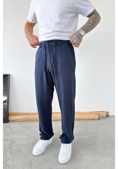 Lacivert Beli Lastikli Keten Pantolon