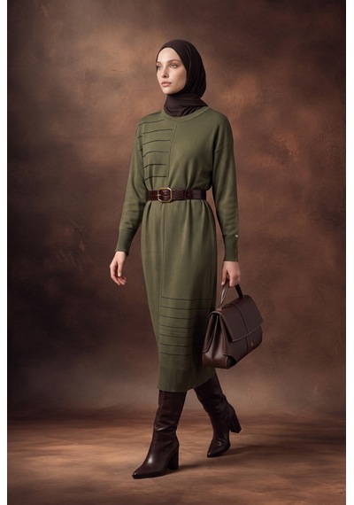 Armine Trend Asimetrik Pilise Detaylı Bisiklet Yaka Uzun Kollu Kemerli Triko Elbise Haki 26ktd912 Armine Trend Asimetrik Pilise Detaylı Bisiklet Yaka Uzun Kollu Kemerli Triko Elbise Haki 26ktd912