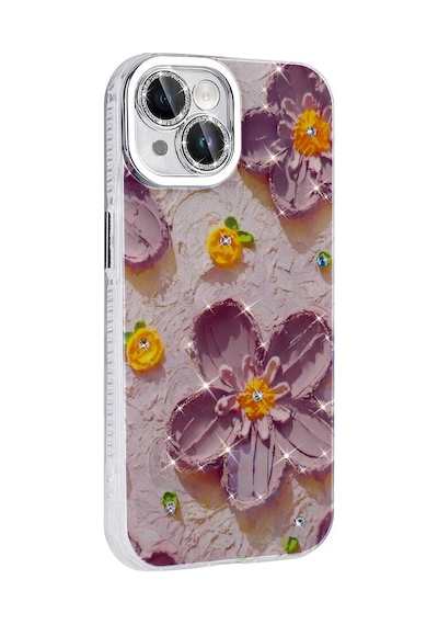 Nourthkiingdom Apple Uyumlu iPhone 14 Kılıf Çiçek Desenli Parlak Taşlı Sert Silikon Nrtk Garden Kapak - Mavi Mavi