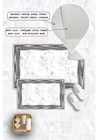 Çerçeveli Modern Desenli Dijital Baskılı Yıkanabilir 2li Banyo Paspası Gri