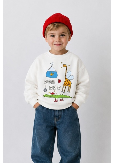 Monila Erkek Çocuk 3 İplik Kumaş Zürafa Baskılı Pamuklu Sweatshirt Ekru