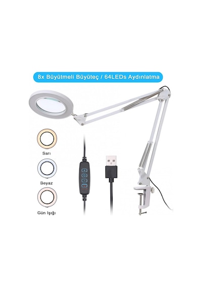 Akrobat Hareketli 8x Büyüteçli Led Işıklı Masa Çalışma Lambası - Mengeneli Beyaz