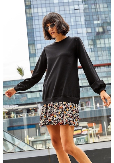 Aqe Fashion Kadın Bisiklet Yaka Mini Boy Uzun Kollu Eteği Çiçek Desenli Siyah Elbise Siyah Aqe Fashion Kadın Bisiklet Yaka Mini Boy Uzun Kollu Eteği Çiçek Desenli Siyah Elbise Siyah