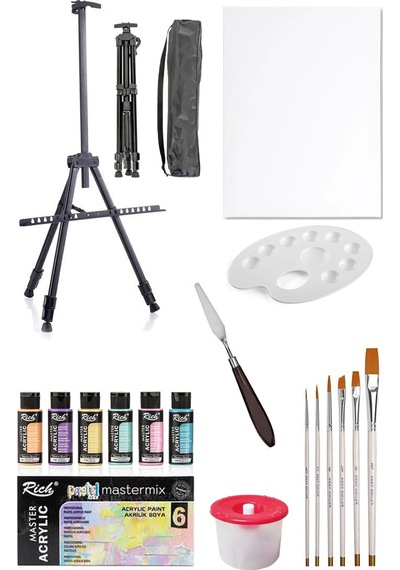 Rich Mastermix Akrilik Boya Seti 6 Pastel Renk 3 Ayaklı Şövale 35x50 Tuval Metal Şövale Metal Spatül