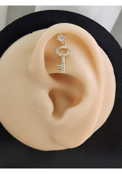 Kilit Anahtar Model Kıkırdak Piercing Tragus Helix Altın Gold Renk Küpe