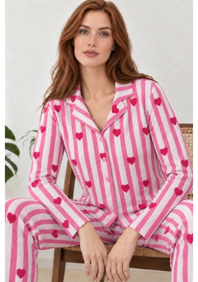 Womanandkids Night Pembe Kadın Uzun Kollu Gömlek Yaka Çizgili Kalpli Pijama Takımı 4770