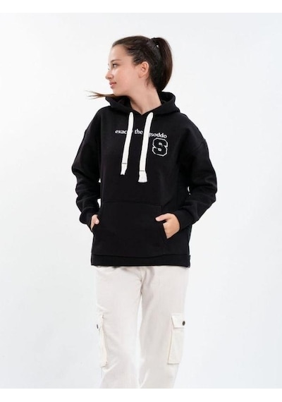 Çocuk Kapüşonlu Sırtı Kot Detaylı Sweatshirt-13454-siyah Siyah
