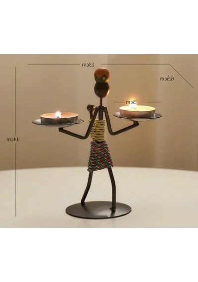 Metal Ferforje Figürlü Tealight Mumluk Ev Dekoru Açık Bej
