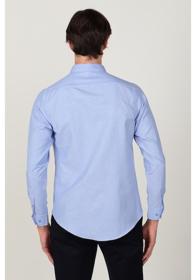Tudors Slim Fit Uzun Kol Yaka Düğmeli Yaka İçi Biyeli Erkek Gömlek-26219 Mavi