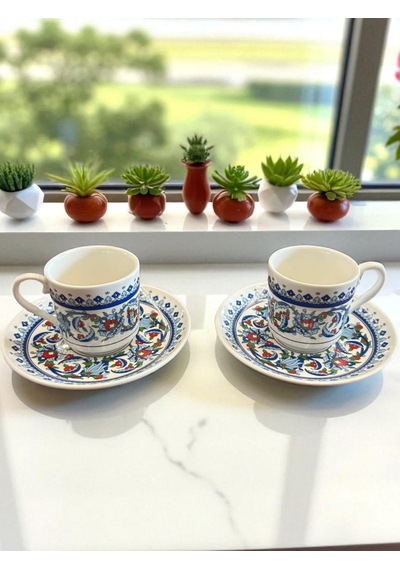 Porselen Fincan Takımı - 2 Kişilik - Topkapı Desen Beyaz - Desenli