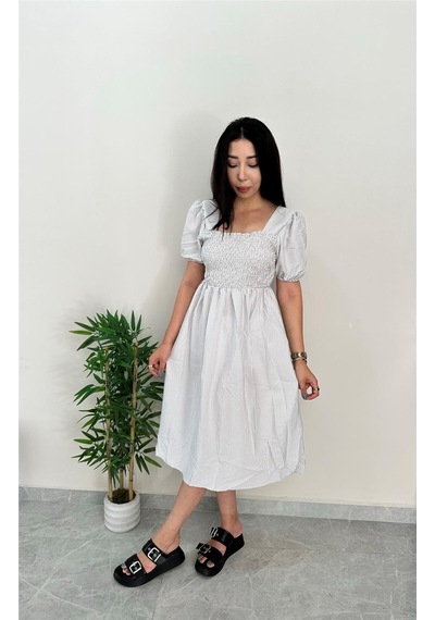 Simli Moda Çizgili Göğsü Lastikli Gri Elbise