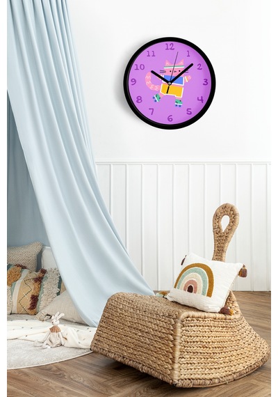 Paten Kayan Sevimli Kedi Çocuk Odası Duvar Saati - 25cm - Önü Camlı Siyah Kasa - Sessiz Mekanizma-jh1095 Siyah