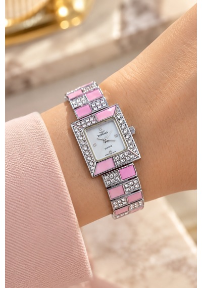 Rubenis Swiss Kadın Kol Saati 22x18 Mm Kristal Taşlı Çelik Kasa Ve Bilezik Pembe Sedef Detaylı Gümüş