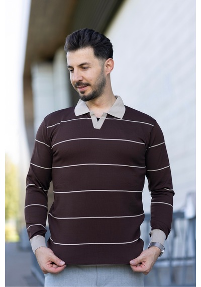 Hk Premium Çizgili Polo Yaka Slim Fit Triko Kazak Kahverengi