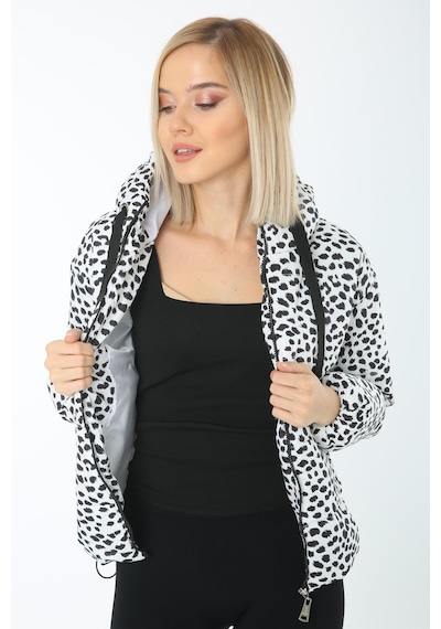 Ladies First Ladıes Fırst 6001-D02 Beyaz Siyah Desenli Şişme Mont Kapüşonlu