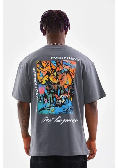 Erkek Bisiklet Yaka Baskılı Oversize T-shirt - Gri Gri