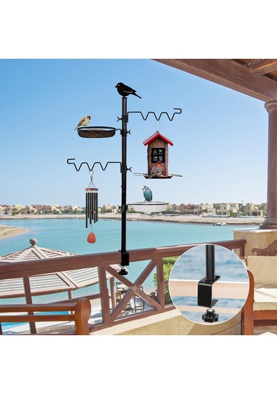 Asılı Kuş Yemi Dispenseri Ve Kuş Suluğu 92 Cm Yüksekliğinde, 2'si 1 Arada Metal Balkon Askısı, Kuş Suluğu