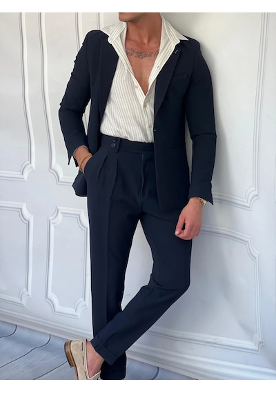 Modefendi Özel Seri %100 Gofre Kumaş İtalyan Kesim Pileli Modern Fit Takım Elbise Lacivert Modefendi Özel Seri %100 Gofre Kumaş İtalyan Kesim Pileli Modern Fit Takım Elbise Lacivert