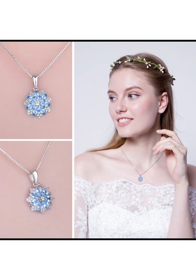Brezza Lusso Jewelry  Aquamarin Taşlı Pırlanta Model Lotus Çiçeği Kadın Gümüş Kolye 45 CM 45 CM