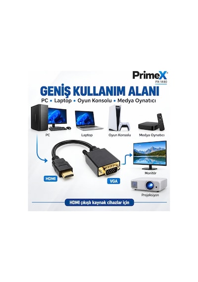 Primex Px-1440 1.8 Metre Hdmı To Vga Görüntü Kablosu, Hdmı Çıkıştan Vga Monitör Projeksiyona Dönüştürücü, Pc Laptop Ps5 Xbox Uyumlu, Full Hd, Tek Yönlü