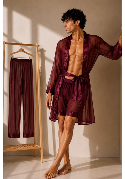 Qmen Style Erkek Şifon Kimono- Pijama - Şort Seti Bordo