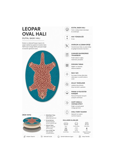Leopar 05 Mavi Pembe Leopar İnce Vintage Görünüm Şönil Dokuma Oval Oturma Odası Ev Koridor Halısı