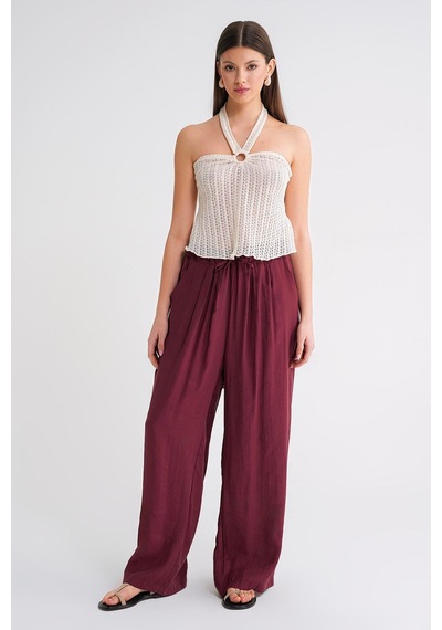 Mixray 4627 Kadın Bol Paça Beli Pileli Palazzo Geniş Kalıp Pantolon Bordo