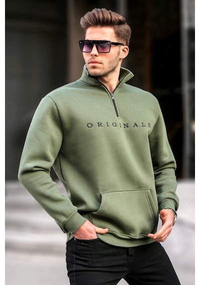Madmext Haki Fermuar Yaka Nakışlı Sweatshirt 6028 Haki