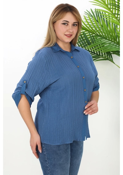 Lady Majestic %100 Cotton Büyük Beden Kadın Müslin Kumaş Gömlek Mavi