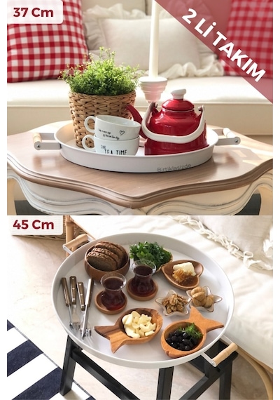 2'li Ahşap Kulplu 45 Cm Metal Tepsi Ve 37 Cm Beyaz Tepsi Çay Kahve Sunum Tepsisi Beyaz
