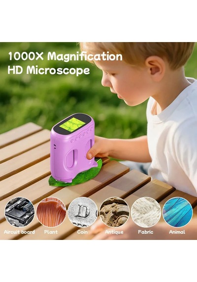 387 Mor 2'si 1 Arada Dijital Çocuk Mikroskobu & Dürbün - 1000x Büyütme, 1000 Metre Menzil, 2 Mp Full Hd Ekranlı Eğitici Bilim Kiti