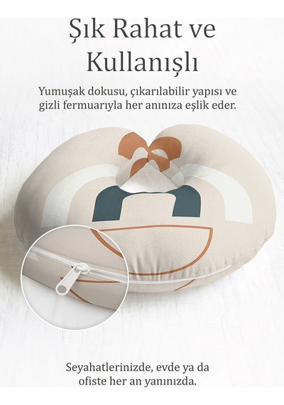 Soyut Geometrik Desenli Pamuklu Boyun Yastığı - Modern Minimalist Bej Antrasit Seyahat Yastığı Buzlu Ayışığı Kurşun